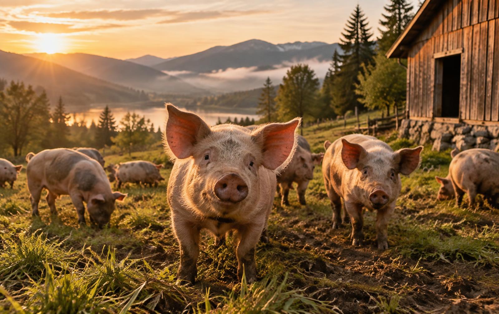 Griser på beite i norsk kulturlandskap ved solnedgang