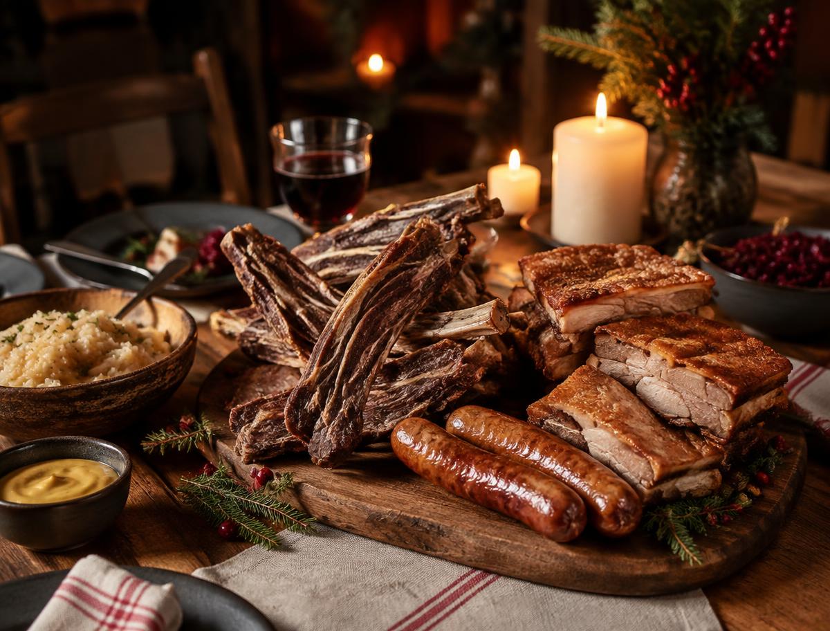Julebord med ribbe, pølser og tilbehør